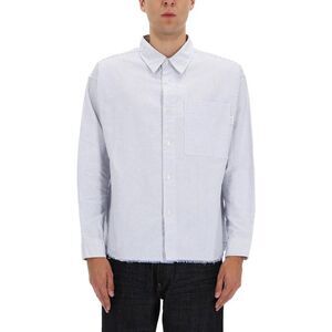 AMISH Men's Striped Button-Front Shirt with Frayed Hem Men WHITE Shirts